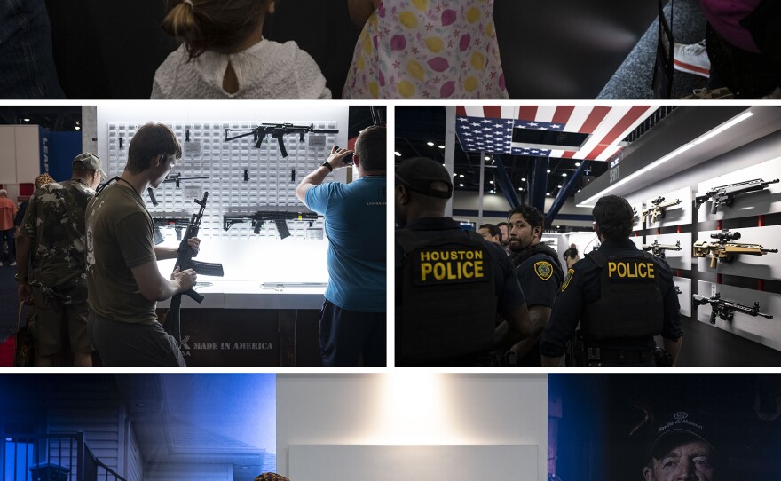 (Top photo) A sales representative talks to two girls during the NRA Annual Meetings & Exhibits. (Middle left photo) A man holds a weapon. (Middle right photo) Police officers walk inside the conference. (Bottom photo) People look at a weapon display.