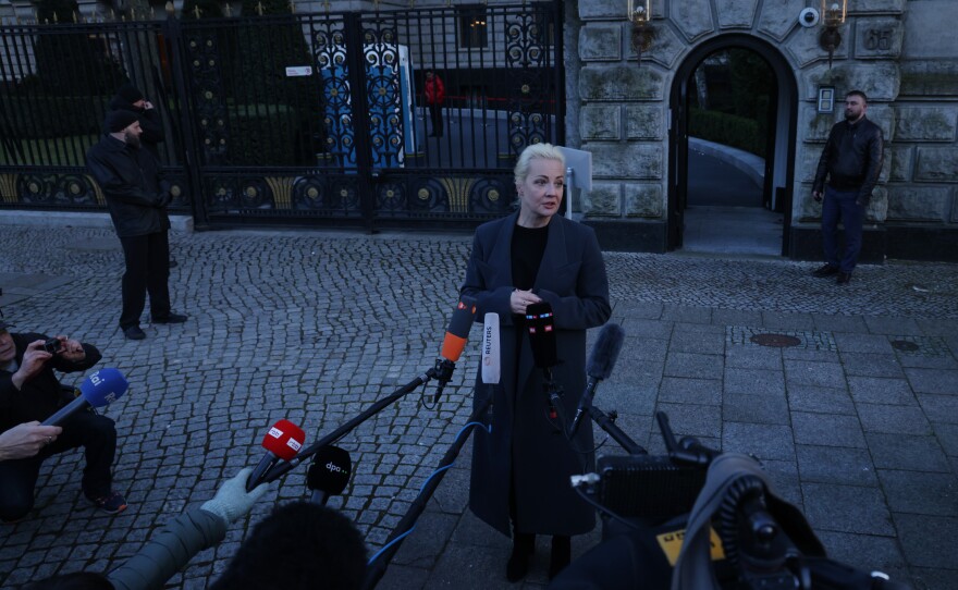 Yulia Navalnaya, widow of late Russian opposition figure Aleksei Navalny, speaks to the media outside the Russian Embassy after she voted in Russian elections on March 17, 2024 in Berlin, Germany.