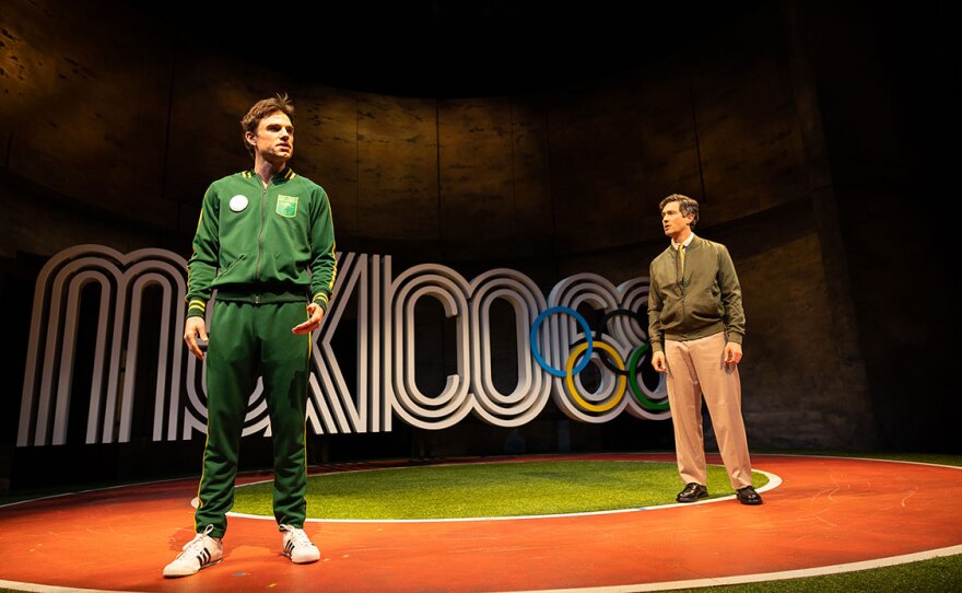 Patrick Marron Ball plays Australian silver medalist Peter Norman, shown at left with actor Christian Coulson (Neville) in an undated production photo of The Old Globe's "The XIXth."