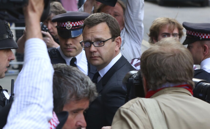 Former News of the World editor Andy Coulson arrives for the sentencing at the Old Bailey court house in London on Friday. He was jailed for 18 months for being complicit in phone-hacking by journalists at the Rupert Murdoch tabloid he edited.