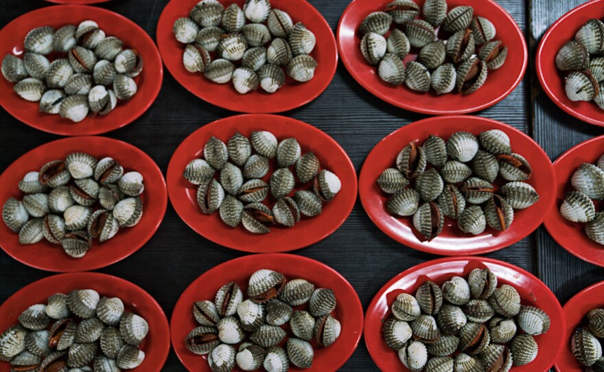 Plates of blood clams are on display at a stand in one of Jakarta's outdoor food courts.