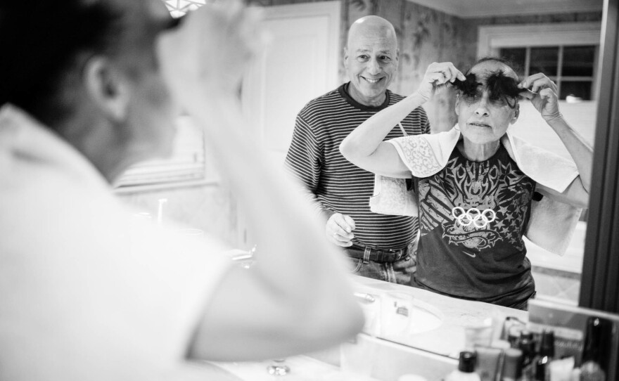 Late one evening, Dad cut Mom's hair, knowing that it would start falling out on its own in the coming weeks as a side effect from the chemotherapy. Mom turned the shorn locks into eyebrows.