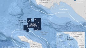A map showing the toxic DDT dumpsite located on the sea floor in the San Pedro Basin roughly eight miles from Santa Catalina Island is pictured, April 13, 2021. 