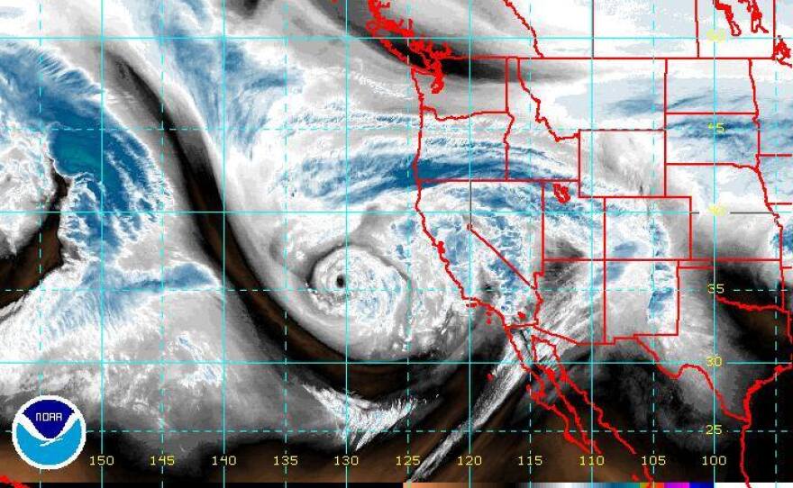 A satellite image of a winter storm approaching Southern California, Feb. 28, 2014.