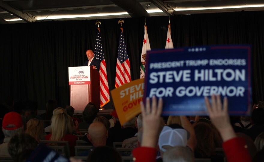 Republican gubernatorial candidate Steve Hilton speaking at the candidate forum at the California Republican Party Convention at the Sheraton Hotel in San Diego, April 11, 2026.