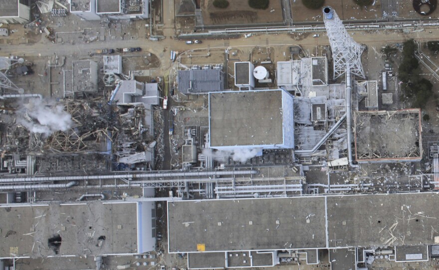 From right to left, reactors 1, 2 and 3, as seen on March 20. Workers started pumping seawater into the reactor cores to help cool them down; the corrosive salt water permanently disabled the reactors.