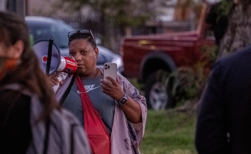 Tasha Williamson spoke with anti-hate protesters in Lakeside, Saturday April 23, 2022.