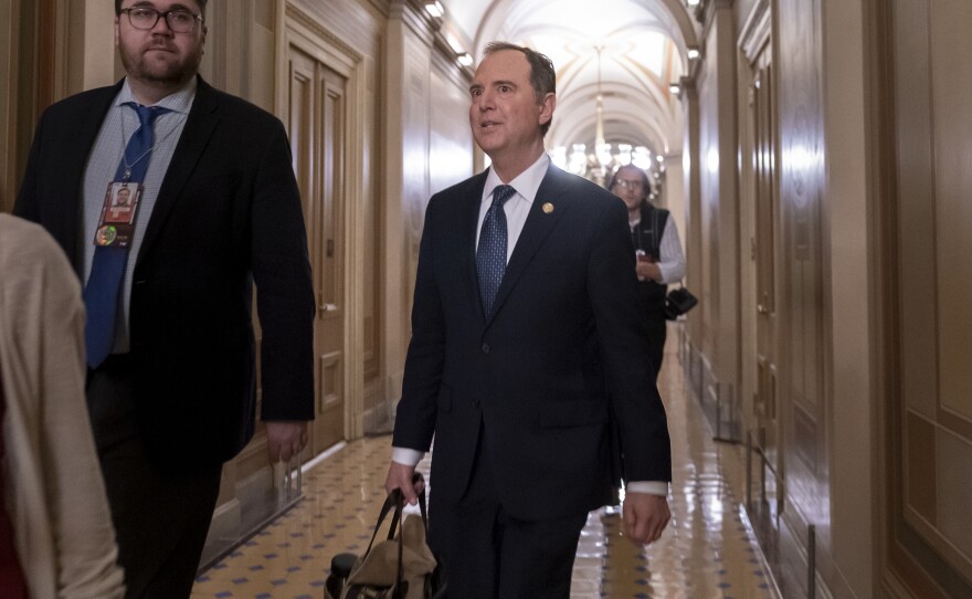 House Intelligence Committee Chairman Adam Schiff, D-Calif., departs the Capitol, late Wednesday, Jan. 22, 2020.