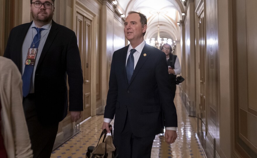 House Intelligence Committee Chairman Adam Schiff, D-Calif., departs the Capitol, late Wednesday, Jan. 22, 2020.