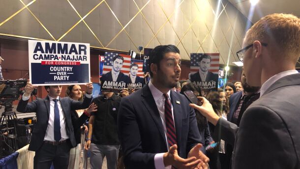 Ammar Campa-Najjar speaking to KPBS reporter Andrew Bowen at Golden Hall on Mar. 3, 2020.