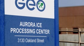 This April 15, 2017, file photo, shows the entrance to the GEO Group's immigrant detention facility in Aurora, Colo.
