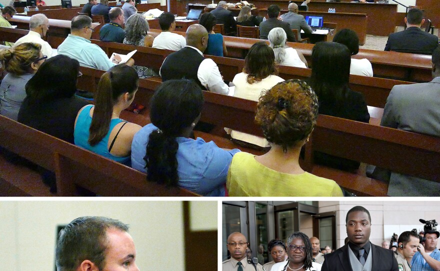 (Top) Randall Kerrick's defense team called several witnesses during the Charlotte-Mecklenburg police officer's voluntary manslaughter trial in August 2015. (Bottom left) Kerrick listens to testimony during his trial. (Bottom right) Jonathan Ferrell's brother, Willie Ferrell, and his mother, Georgia, speak with reporters after a mistrial was declared.