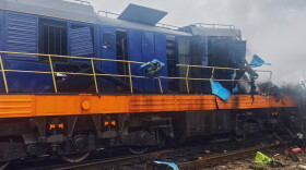 In this photo provided by the Ukrainian Ukrzaliznytsia Railway Company Press Office, a locomotive damaged in a Russian drone attack is seen at Yahodyn railway station near Ukraine's border with Poland, Ukraine, Sunday, Sept. 13, 2026.