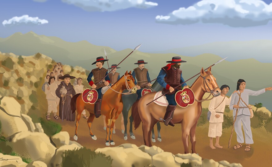 “Caravan” artwork depicting Peninsula Mission Natives leading the Spanish settlers, priests to Alta California.