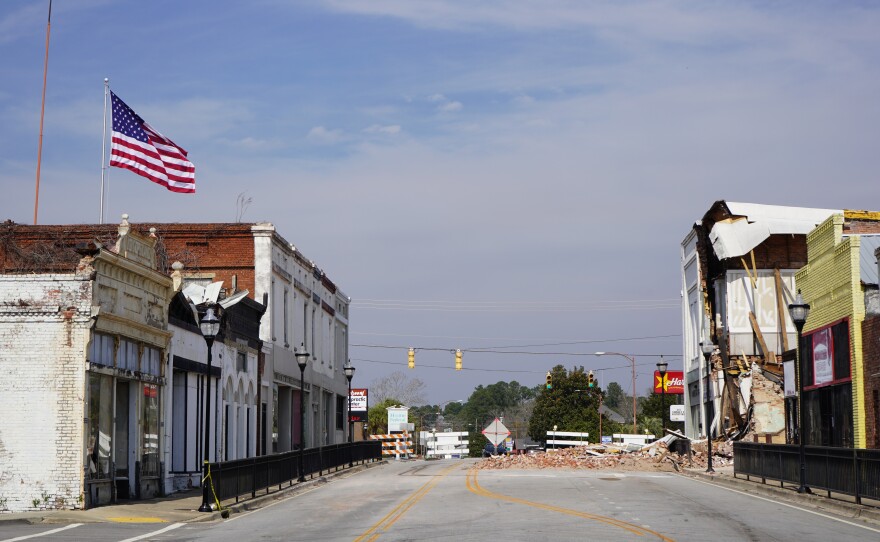 The main street in Bamberg, S.C., where tornado damage from a storm in January is still evident. Nikki Haley, who was born and raised in Bamberg, visited the town just days before the S.C. primary election.