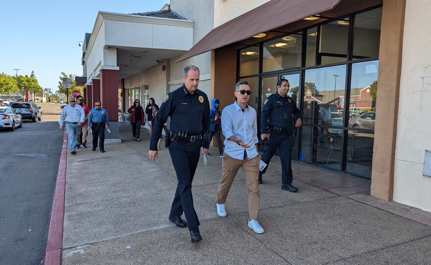 San Diego Police Chief David Nisleit and Councilmember Chris Cate participate in a community walk in Mira Mesa, May 11, 2022.