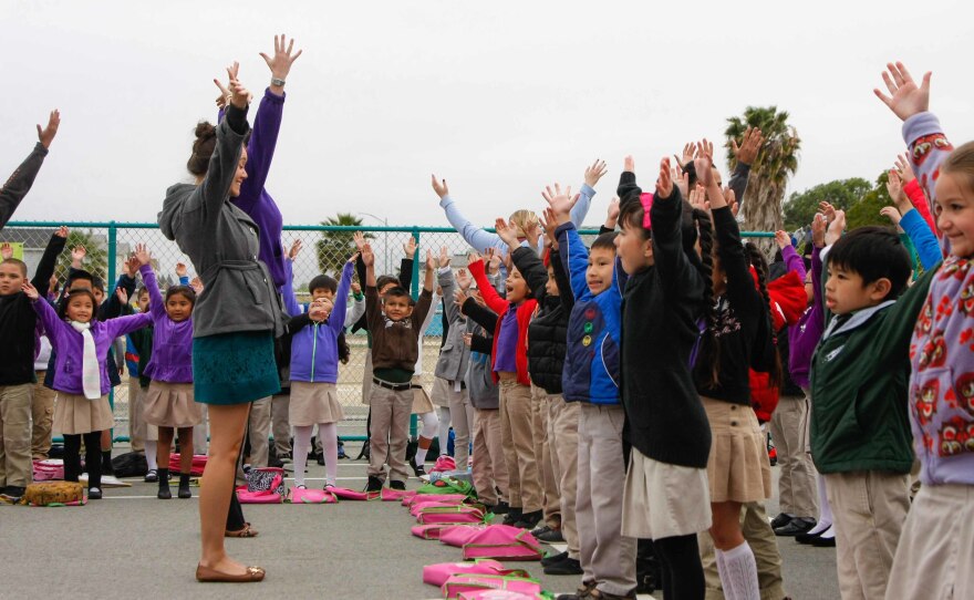 Students get motivated during the morning "Launch" assembly.