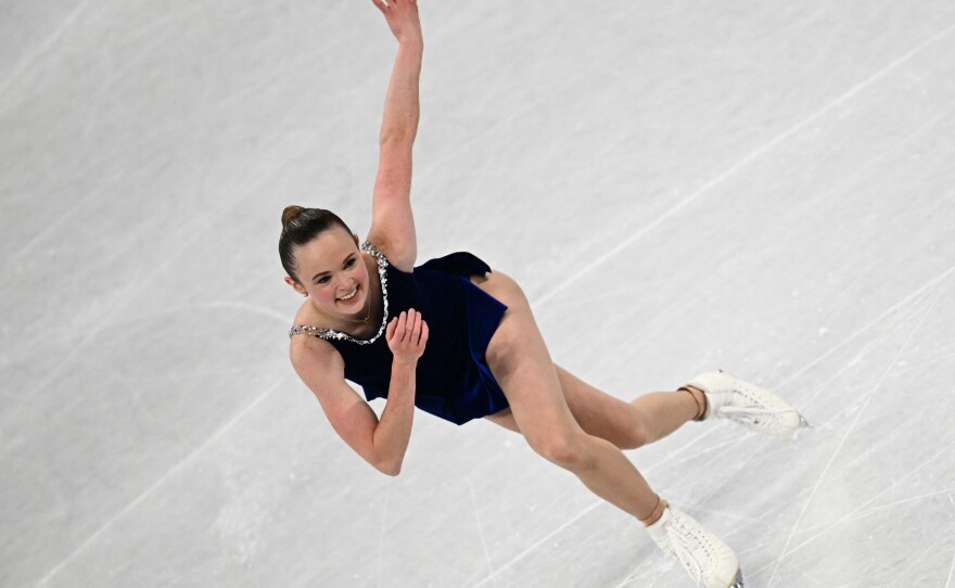 USA's Mariah Bell competes in the women's single skating short program during the Beijing 2022 Winter Olympic Games.