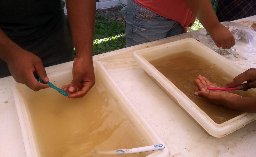Teens in the Urban Archaeology Corps wash artifacts at Virginia's Fort Harrison.