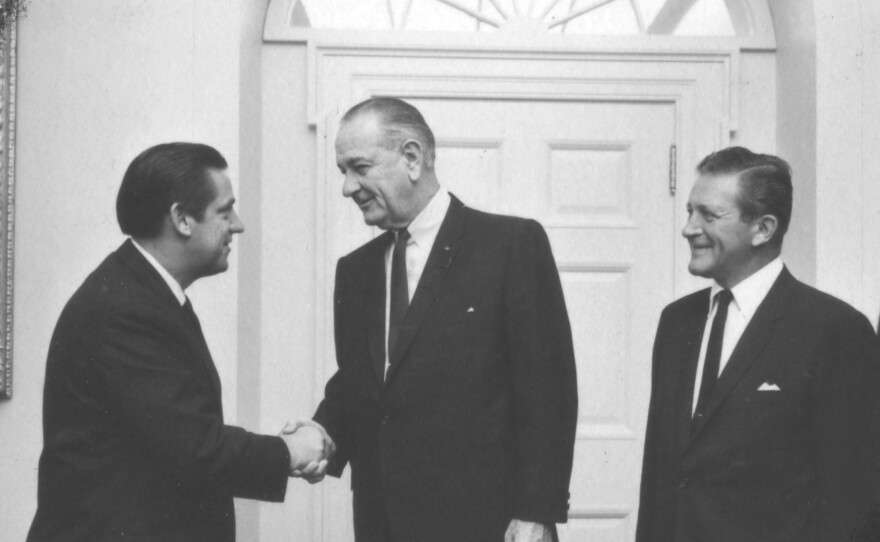 Senator Fred Harris, President Lyndon Johnson and Governor Otto Kerner, Jr. July 29, 1967.