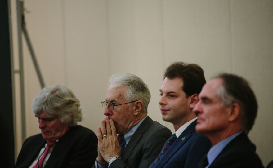 Speakers taking questions from the press included alt-right supporters (left to right) Peter Brimelow, Kevin MacDonald, Jason Jorjani, and Jared Taylor.