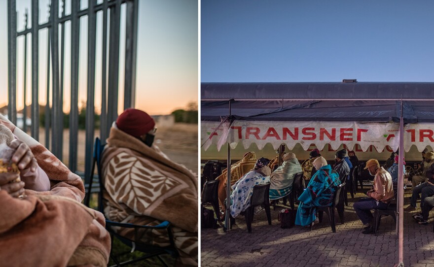 Left: Doris MoKabi wraps herself in a blanket and snacks on popcorn as she settles in to sleep overnight outside the railway platform in Thaba Nchu, South Africa, ahead of a visit to the Phelophepa health-care train the following day. Right: Patients, many of them wrapped in blankets to ward off the pre-dawn cold, sit on the platform of Thaba Nchu railway station.