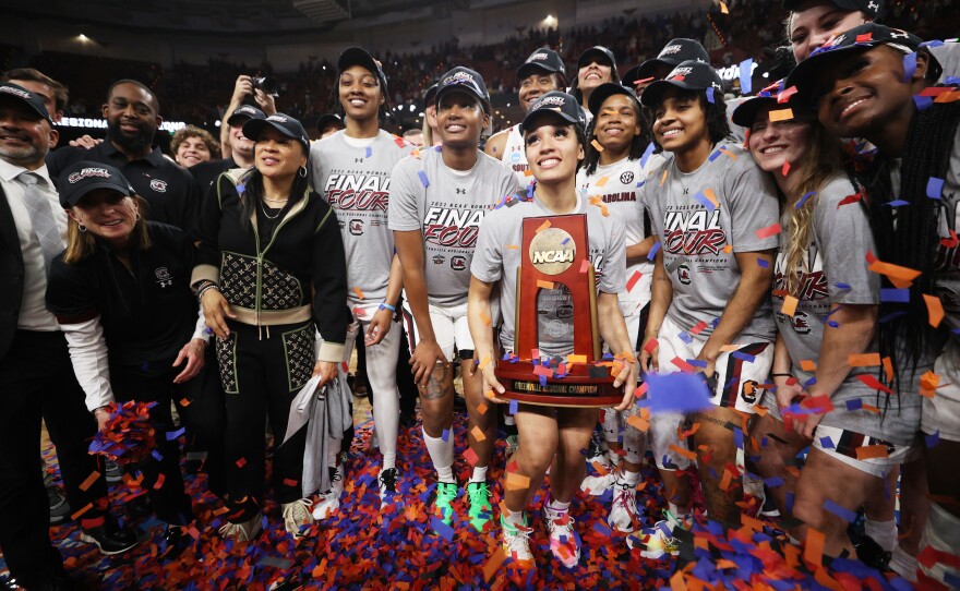 The South Carolina Gamecocks celebrate after their Monday night win over Maryland.