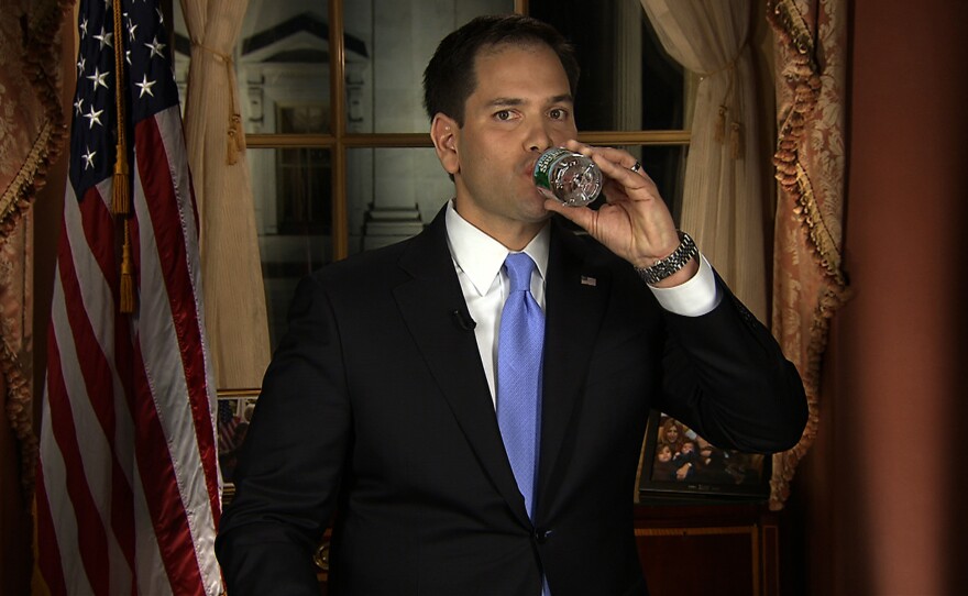 In this frame grab from video, Florida Sen. Marco Rubio takes a sip of water during his Republican response to President Barack Obama's 2013 State of the Union address.