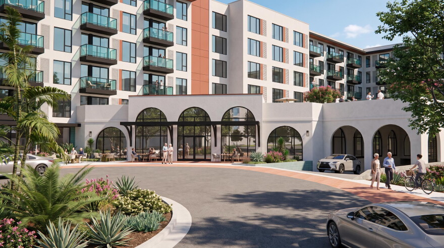 An undated architectural rendering depicts a proposed senior living community at SDSU Mission Valley.