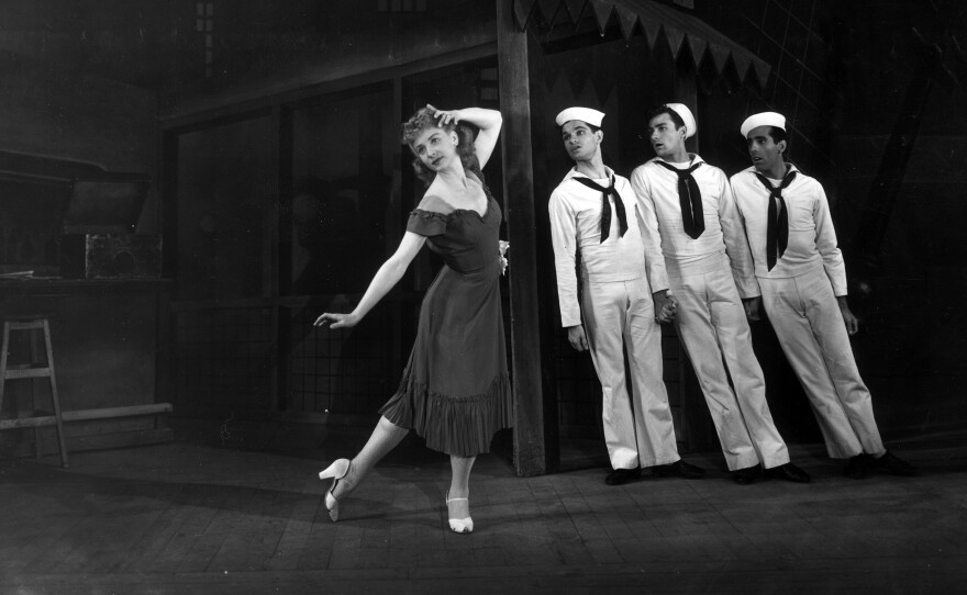 The American Ballet Theatre at London's Covent Garden in 1946, in a production of Leonard Bernstein's ballet <em>Fancy Free</em>. Jerome Robbins (far right) choreographed Bernstein's music.