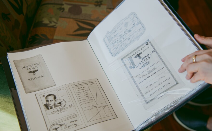 Amy Kurzweil shows a page in her sketchbook with drawings of her grandfather Fred Kurzweil's personal documents. (He was known as Fritz in his native Austria.)