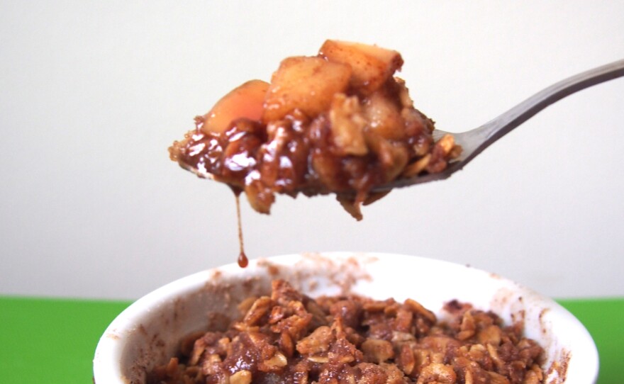 Hu baked this single-serving apple crumble cake in her toaster oven.