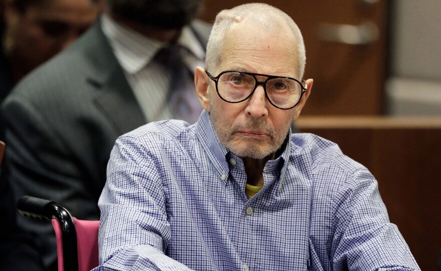 Robert Durst sits in a courtroom in Los Angeles in December 2016. He faces trial in the slaying of his close friend and confidant, Susan Berman 20 years ago. Opening arguments in the case are expected to start on Wednesday.