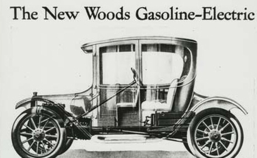 To drive the 1916 Woods Dual-Power hybrid car, the operator moved a lever to start an electric motor. After hitting 20 mph, the driver engaged the clutch, starting the gasoline motor. The two power sources could be engaged together or independently.
