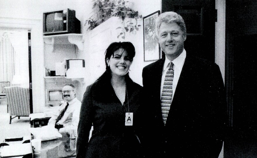 A photograph showing former White House intern Monica Lewinsky meeting President Bill Clinton at a White House function in 1998.