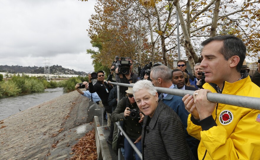 Mayor Garcetti and EPA Administrator Gina McCarthy tour the Los Angeles River last year. Garcetti plans to restore natural habitats along the river.