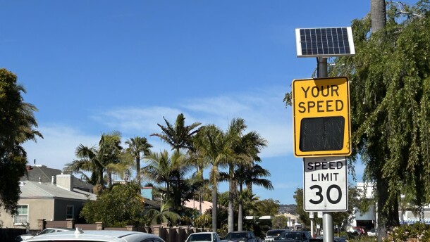 A radar feedback sign in the Crown Point neighborhood of Pacific Beach in San Diego. Feb. 21 2026