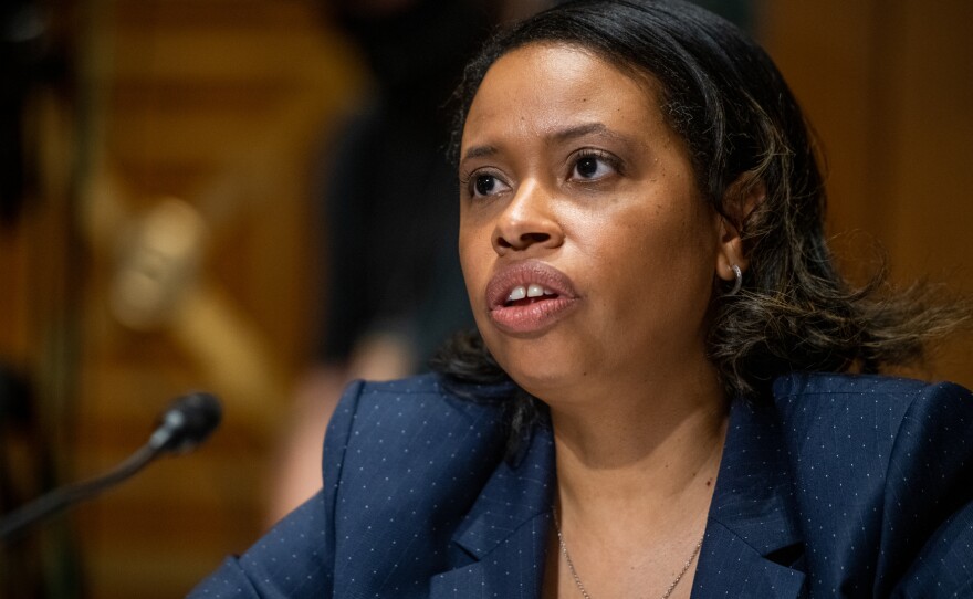 Chiquita Brooks-LaSure appears during a Senate Committee on Finance hearing for her nomination to be Administrator, Centers for Medicare and Medicaid Services, United States Department of Health and Human Services, in the Dirksen Senate Office Building in Washington, DC, Thursday, April 15, 2021.