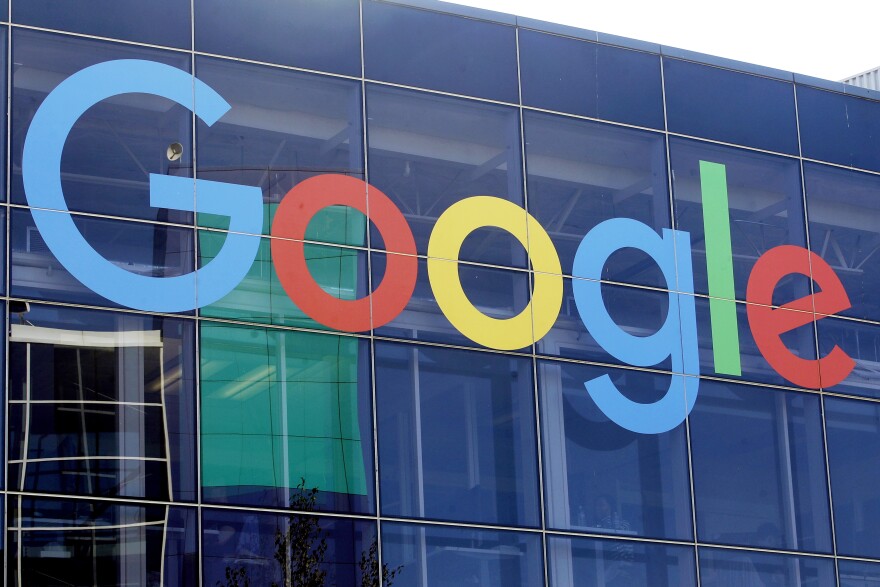 A sign is shown on a Google building at their campus in Mountain View, Calif., on Sept. 24, 2019.