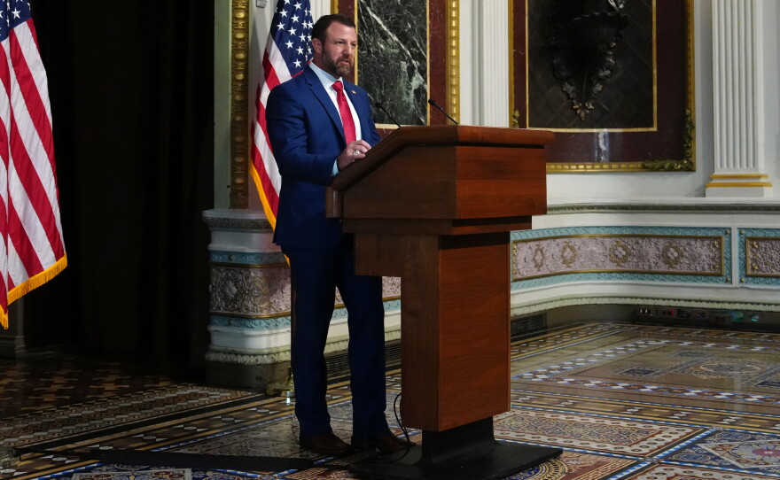 Homeland Security Secretary Markwayne Mullin speaks at the Eisenhower Executive Office Building earlier this summer. The former Senator from Oklahoma replaced Kristi Noem at DHS in March.
