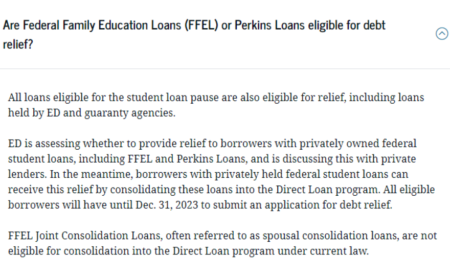 <strong>Original guidance:</strong> A screenshot of the U.S. Education Department's student loan relief guidance for holders of FFEL and Perkins Loans, taken at 10:16 a.m. on Thursday.