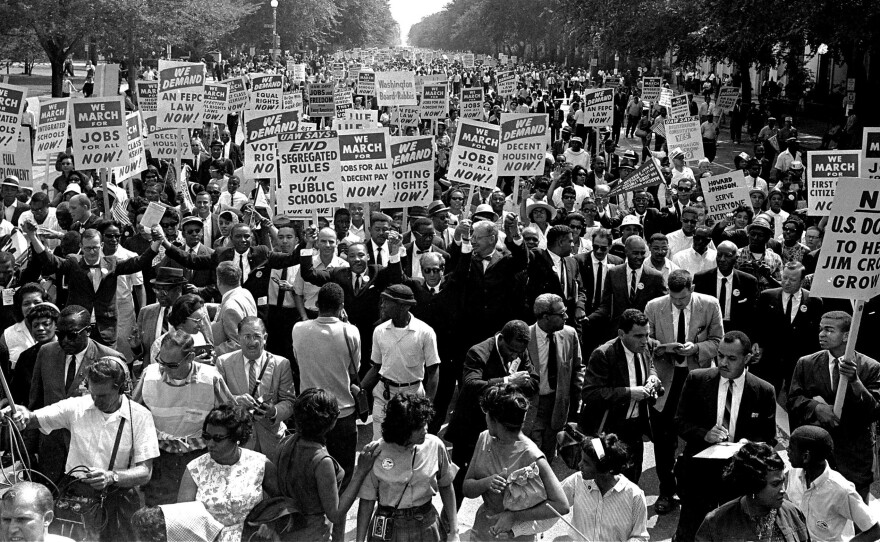 Dr. Martin Luther King Jr., marches with other civil rights protesters during the 1963 March on Washington.