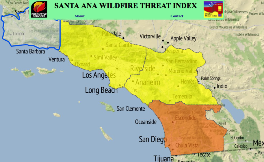 This map of the Santa Ana Wildfire Threat Index for San Diego County shows the region is under a level 3 alert, due to 20 to30 mph sustained winds and low humidity values, November 5, 2014.