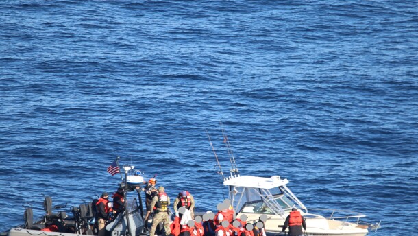 The U.S. Coast Guard and Department of Homeland Security partner agencies interdict a suspected maritime smuggling vessel during coordinated operations south of San Clemente Island, California, Feb. 21, 2026.