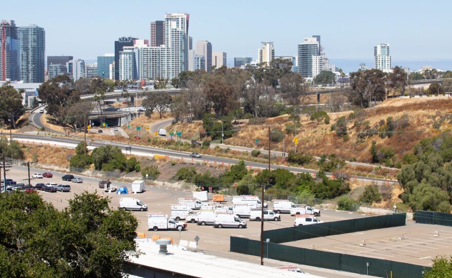 The City of San Diego is planning to use a parking lot at 20th and B Street, shown here, as a a safe sleeping site, June 26, 2023.