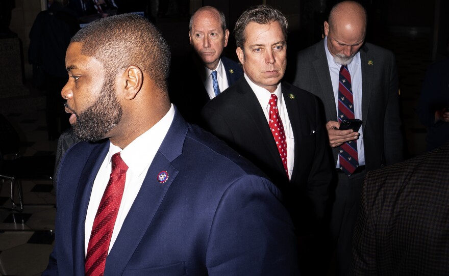 Rep.-elect Byron Donalds (R-FL) (L to R), Rep.-elect Dan Bishop (R-NC), Rep.-elect Andy Ogles (R-TN) and Rep.-elect Chip Roy (R-TX) speak to the media after voting for Republican leader Kevin McCarthy (R-CA) for speaker of the house.