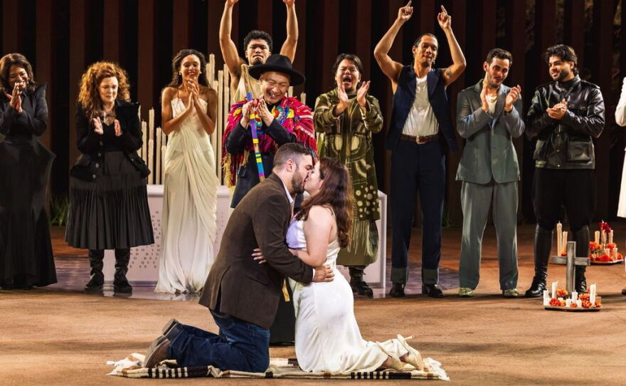 Oscar Diaz and Janelly Mendoza (kneeling), from Laredo, TX, were married on stage on June 11, after a performance of Romeo and Juliet at the Public Theater's Delacorte Theater, (would add: in New York)