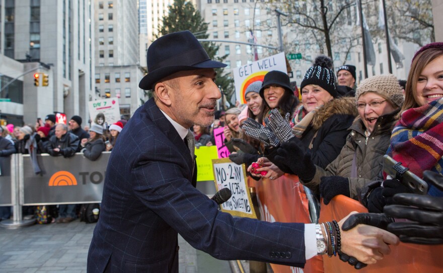 Longtime "Today" host Matt Lauer greets people in the crowd on Monday. He is the latest high-profile media figure to be accused of sexual misconduct.