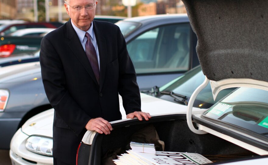 Kilbride's trunk is filled with yard signs, bumper stickers and other campaign material.  He calls it his "road office."  But his campaign is far from bare-bones: Kilbride has raised more than $2 million for his retention bid.
