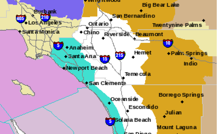 This map dated April 25, 2014 shows areas under a beach hazard statement in teal and indicates region under a high wind warning in orange.